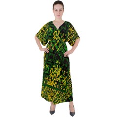 Root Humanity Bar And Qr Code Green And Yellow Doom V-neck Boho Style Maxi Dress by WetdryvacsLair