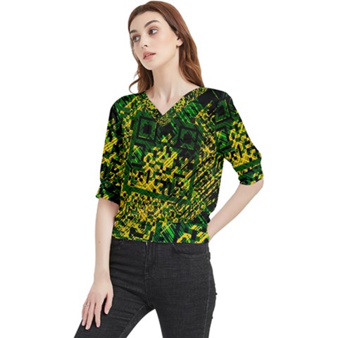 Root Humanity Bar And Qr Code Green And Yellow Doom Quarter Sleeve Blouse by WetdryvacsLair