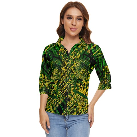 Root Humanity Bar And Qr Code Green And Yellow Doom Women s Quarter Sleeve Pocket Shirt by WetdryvacsLair