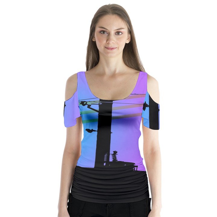 Vaporwave Wires And Transformer Butterfly Sleeve Cutout Tee 