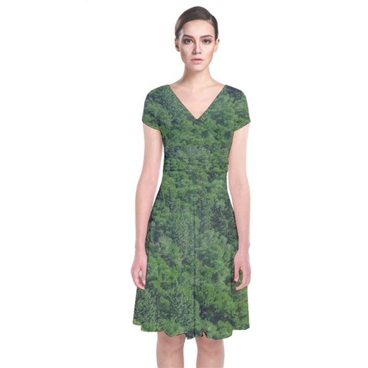 Leafy Forest Landscape Photo Short Sleeve Front Wrap Dress