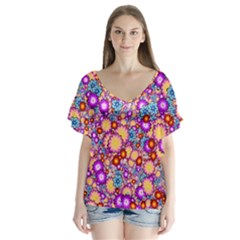 Flower Bomb1 V-neck Flutter Sleeve Top by PatternFactory