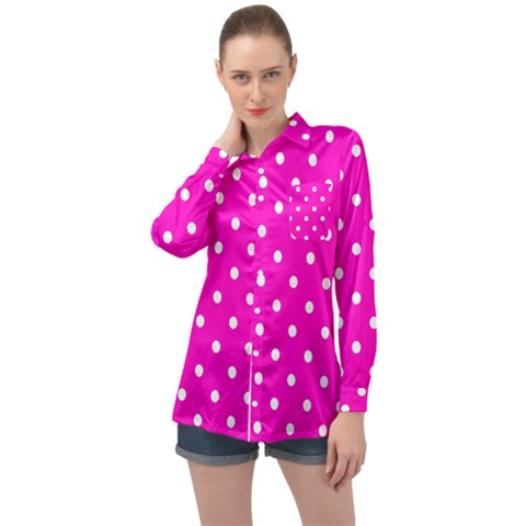 1950 Hello Pink White Dots Long Sleeve Satin Shirt by SomethingForEveryone