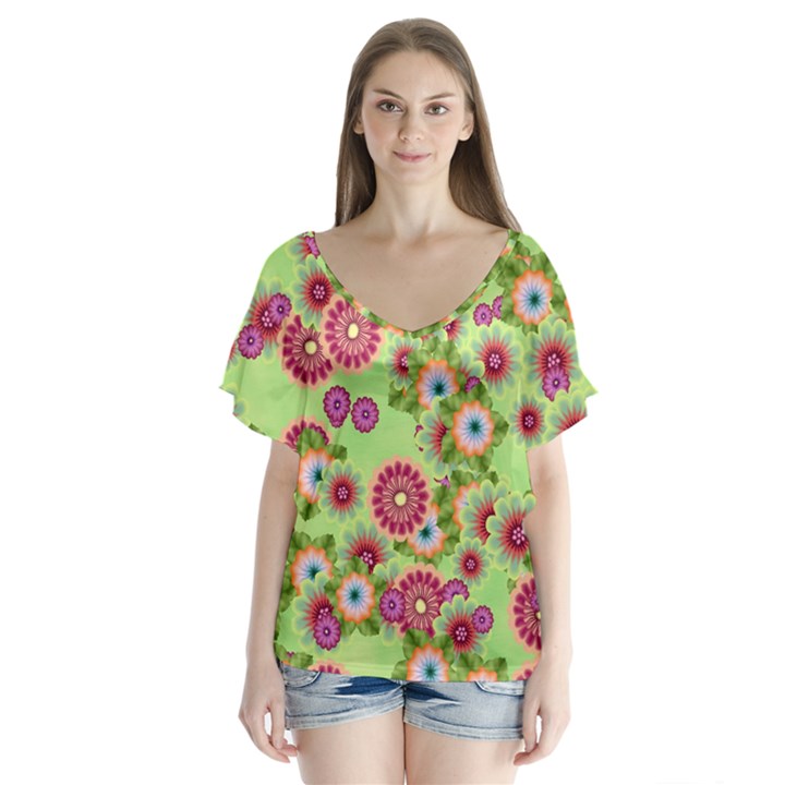 Flower Bomb 6 V-Neck Flutter Sleeve Top