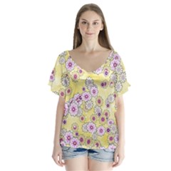 Flower Bomb 10 V-neck Flutter Sleeve Top by PatternFactory