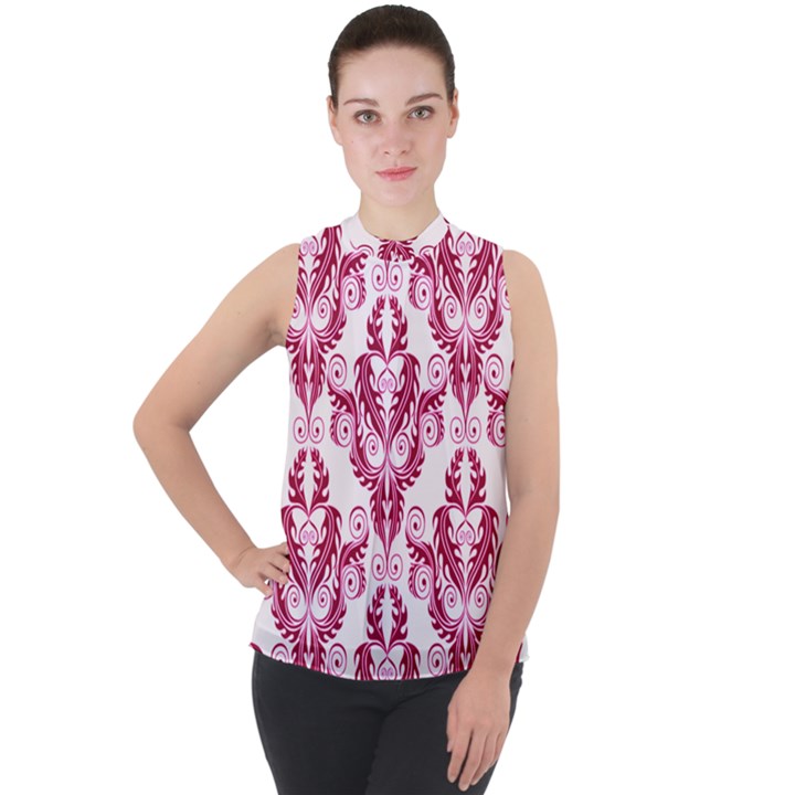 Great Vintage Pattern C Mock Neck Chiffon Sleeveless Top