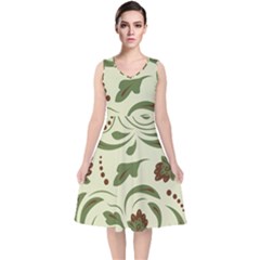 Folk Flowers Pattern  V-neck Midi Sleeveless Dress  by Eskimos