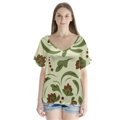 Folk Flowers Pattern  V-neck Flutter Sleeve Top by Eskimos