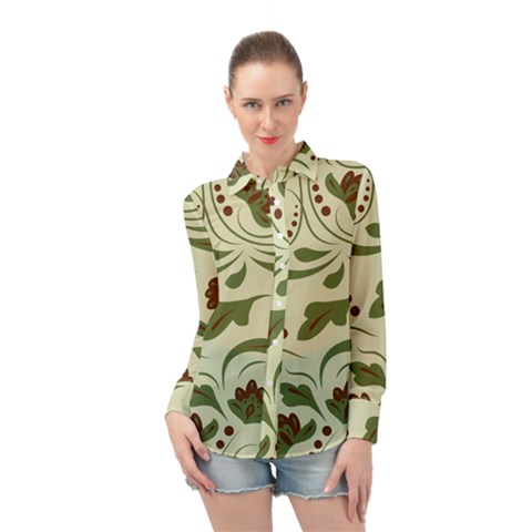 Folk Flowers Pattern  Long Sleeve Chiffon Shirt by Eskimos