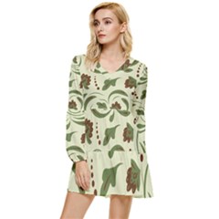 Folk Flowers Pattern  Tiered Long Sleeve Mini Dress