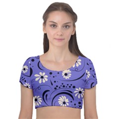 Folk Flowers Pattern  Velvet Short Sleeve Crop Top  by Eskimos