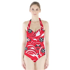 Folk Flowers Pattern  Halter Swimsuit by Eskimos