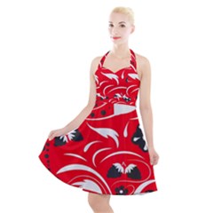 Folk Flowers Pattern  Halter Party Swing Dress  by Eskimos