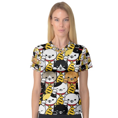 Cat-seamless-pattern-lucky-cat-japan-maneki-neko-vector-kitten-calico-pet-scarf-isolated-repeat-back V-neck Sport Mesh Tee by elchino