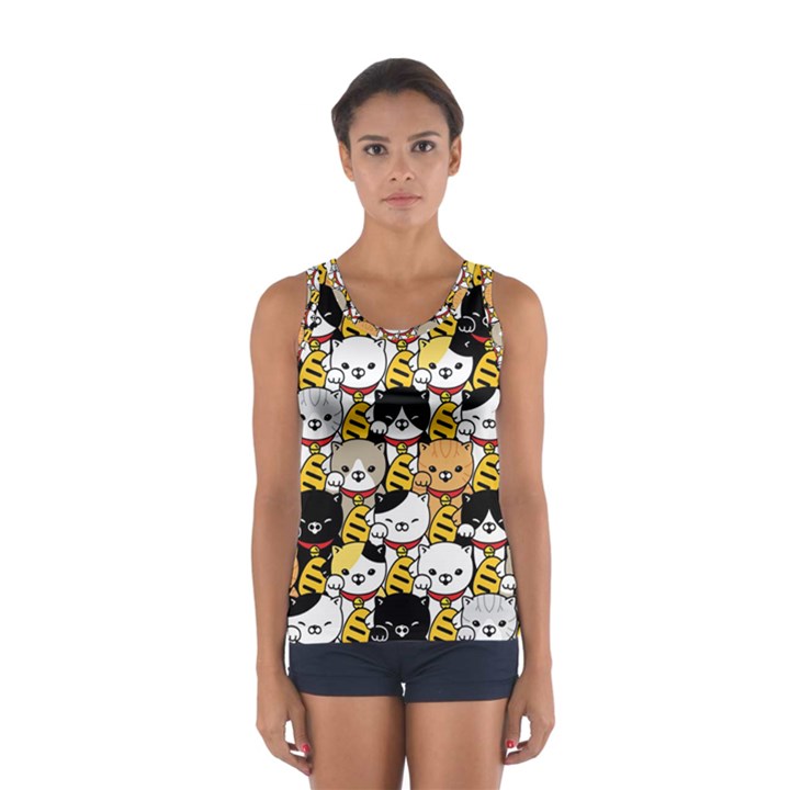 Cat-seamless-pattern-lucky-cat-japan-maneki-neko-vector-kitten-calico-pet-scarf-isolated-repeat-back Sport Tank Top 