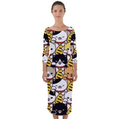 Cat-seamless-pattern-lucky-cat-japan-maneki-neko-vector-kitten-calico-pet-scarf-isolated-repeat-back Quarter Sleeve Midi Bodycon Dress