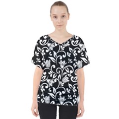 Black And White Bluebells V-neck Dolman Drape Top by Tizzee