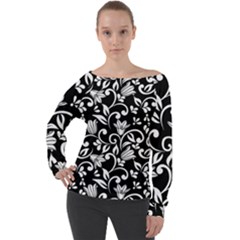 Black And White Bluebells Off Shoulder Long Sleeve Velour Top by Tizzee