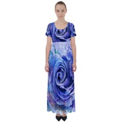 Watercolor-rose-flower-romantic High Waist Short Sleeve Maxi Dress