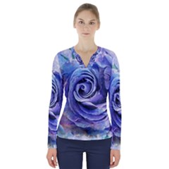 Watercolor-rose-flower-romantic V-Neck Long Sleeve Top