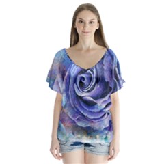 Watercolor-rose-flower-romantic V-Neck Flutter Sleeve Top