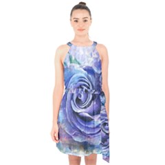 Watercolor-rose-flower-romantic Halter Collar Waist Tie Chiffon Dress