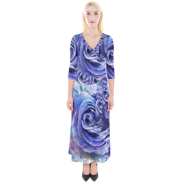 Watercolor-rose-flower-romantic Quarter Sleeve Wrap Maxi Dress