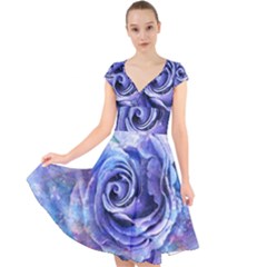 Watercolor-rose-flower-romantic Cap Sleeve Front Wrap Midi Dress