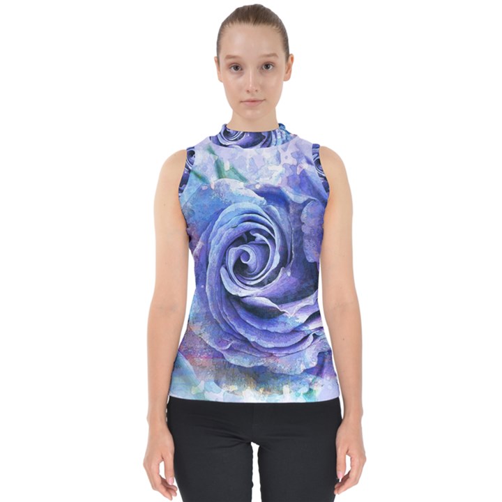 Watercolor-rose-flower-romantic Mock Neck Shell Top