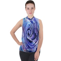 Watercolor-rose-flower-romantic Mock Neck Chiffon Sleeveless Top