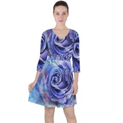 Watercolor-rose-flower-romantic Quarter Sleeve Ruffle Waist Dress