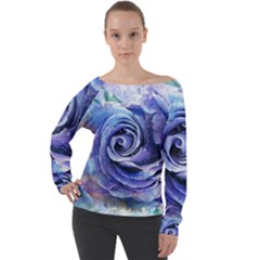 Watercolor-rose-flower-romantic Off Shoulder Long Sleeve Velour Top