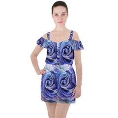 Watercolor-rose-flower-romantic Ruffle Cut Out Chiffon Playsuit