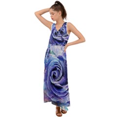 Watercolor-rose-flower-romantic V-Neck Chiffon Maxi Dress