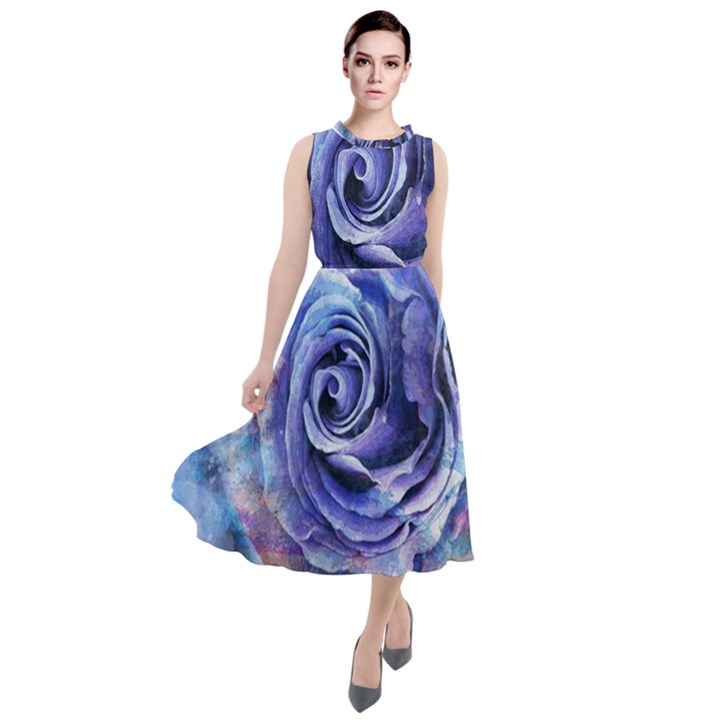 Watercolor-rose-flower-romantic Round Neck Boho Dress