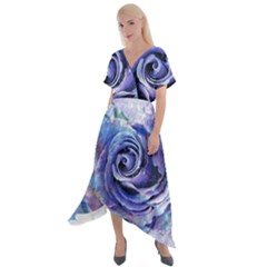 Watercolor-rose-flower-romantic Cross Front Sharkbite Hem Maxi Dress