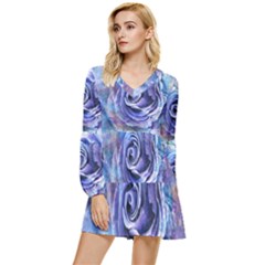 Watercolor-rose-flower-romantic Tiered Long Sleeve Mini Dress