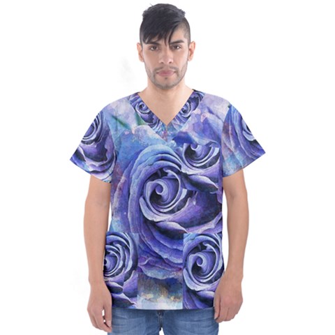 Watercolor-rose-flower-romantic Men s V-neck Scrub Top by Sapixe