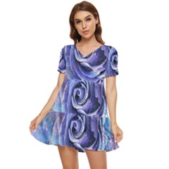 Watercolor-rose-flower-romantic Tiered Short Sleeve Mini Dress