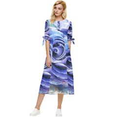 Watercolor-rose-flower-romantic Bow Sleeve Chiffon Midi Dress