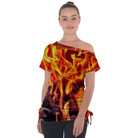 Fire-burn-charcoal-flame-heat-hot Off Shoulder Tie-up Tee by Sapixe