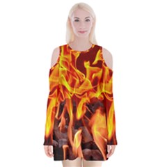 Fire-burn-charcoal-flame-heat-hot Velvet Long Sleeve Shoulder Cutout Dress by Sapixe