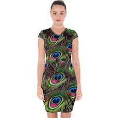 Peacock-feathers-plumage-pattern Capsleeve Drawstring Dress 