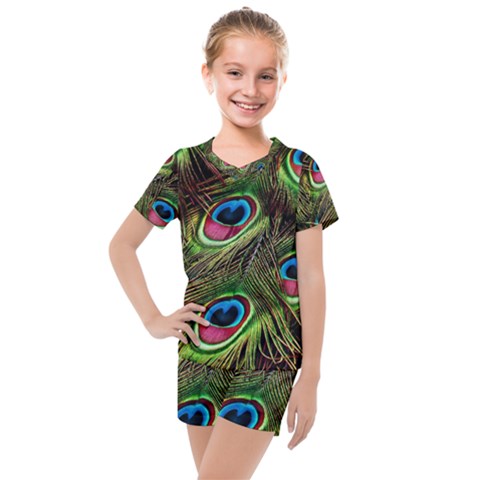 Peacock-feathers-plumage-pattern Kids  Mesh Tee And Shorts Set by Sapixe