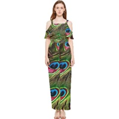 Peacock-feathers-plumage-pattern Draped Sleeveless Chiffon Jumpsuit