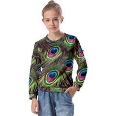 Peacock-feathers-plumage-pattern Kids  Long Sleeve Tee With Frill 