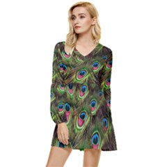 Peacock-feathers-plumage-pattern Tiered Long Sleeve Mini Dress