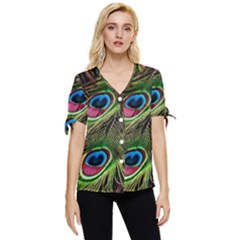 Peacock-feathers-plumage-pattern Bow Sleeve Button Up Top