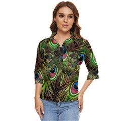 Peacock-feathers-plumage-pattern Women s Quarter Sleeve Pocket Shirt