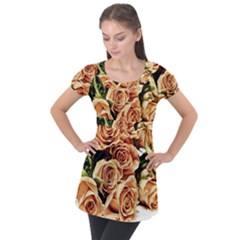 Roses-flowers-bouquet-rose-bloom Puff Sleeve Tunic Top by Sapixe